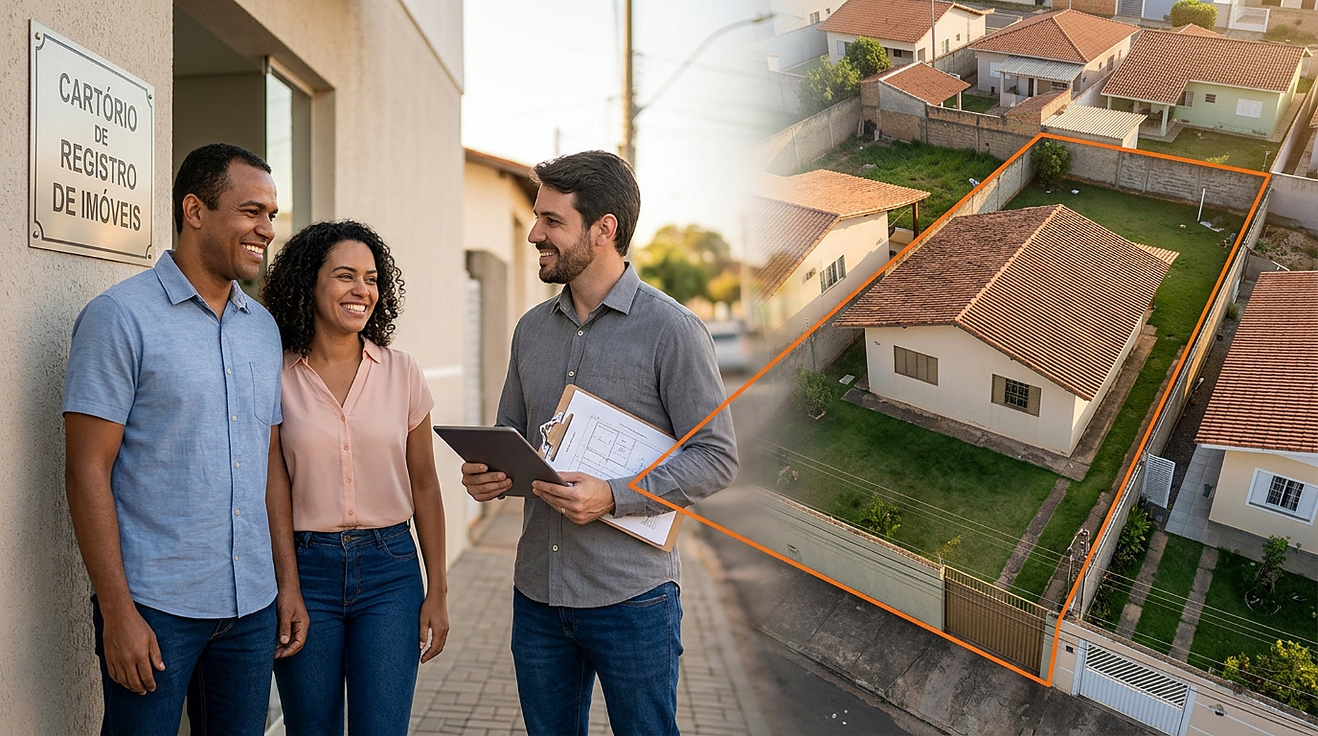 Casal em frente ao Cartório de Registro de Imóveis com o agrimensor, e a casa com os limites do terreno destacados